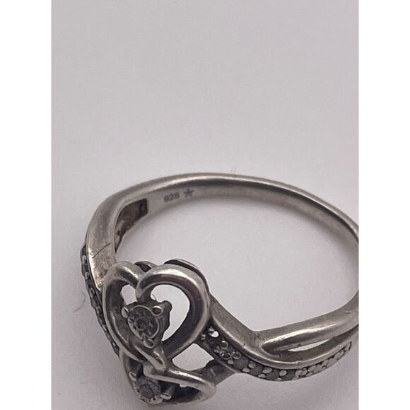 Vtg 925 Sterling Connected Intertwined Hearts Diamond Ring Marked - Picture 2 of 5